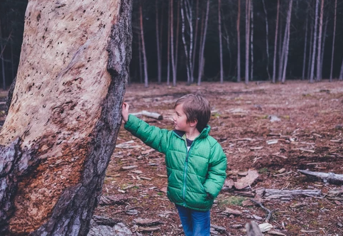 Boy leaning against tree