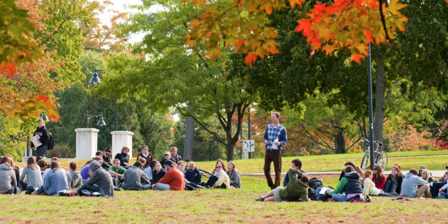 A recreation management and policy class being conducted outdoors on the Durham campus