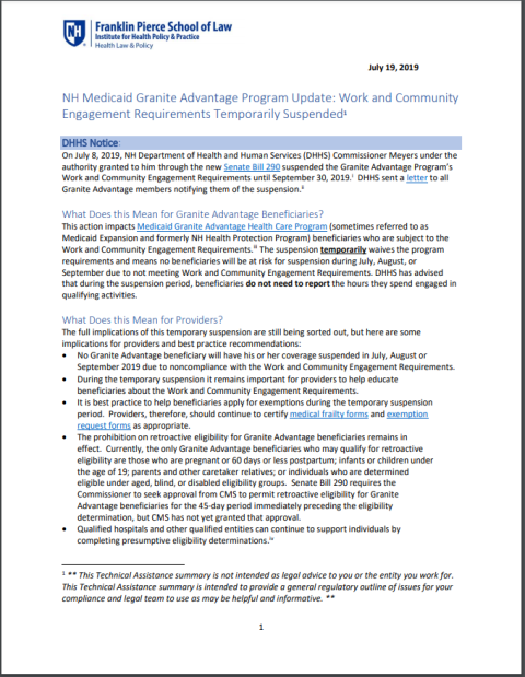 July 2019 NH Medicaid Work Requirement Temporary Suspension