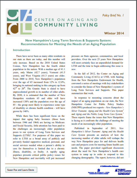 CACL Policy Brief: New Hampshire's Long Term Services & Support System; Recommendations for Meeting the Needs of an Aging Population