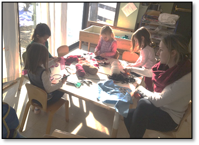 group of kids using yarn to make things