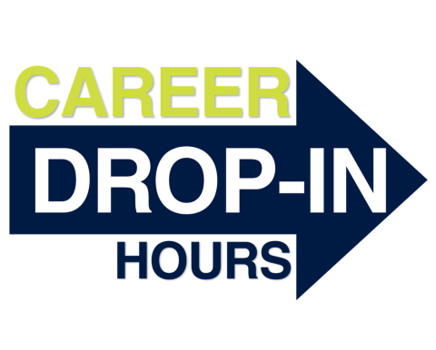 Logo with a right facing arrow that says, Career Drop-In Hours
